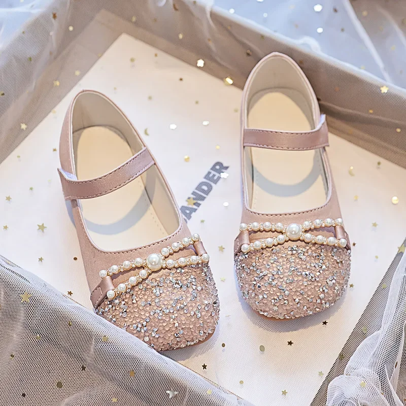 New Children Leather Shoes Rhinestone Pearl Princess Girls Party Shoes Fashion Student Kids Performance Flats Shoes Hook & Loop