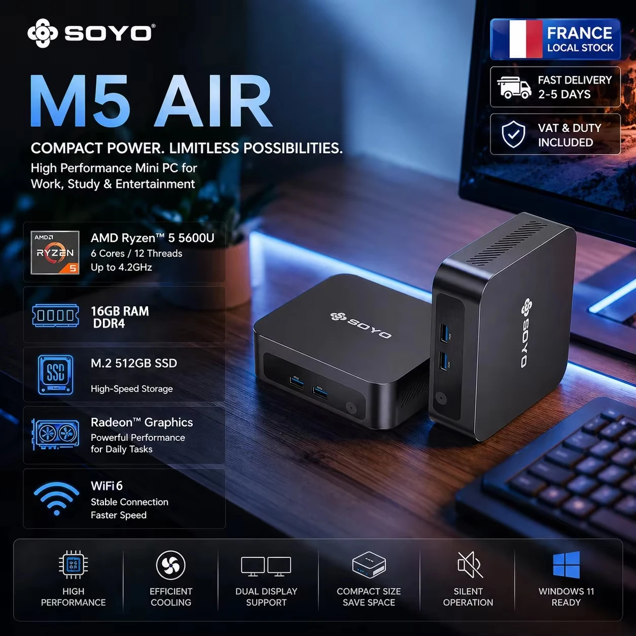 Mini PC SOYO M5 AIR, processeur AMD Ryzen 5 5600U (jusqu'à 4,2 GHz), DDR4 16 Go de RAM, 512 Go de SSD M.2, triple écran 4K, WIF6/BT5.2, mini ordinateurs