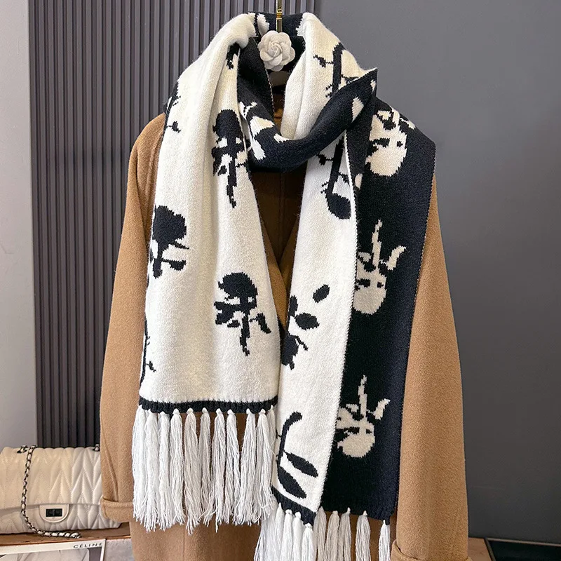 

Новый корейский вязаный шарф с принтом для женщин на осень и зиму, утолщенный теплый шарф для студенток, универсальный модный шарф