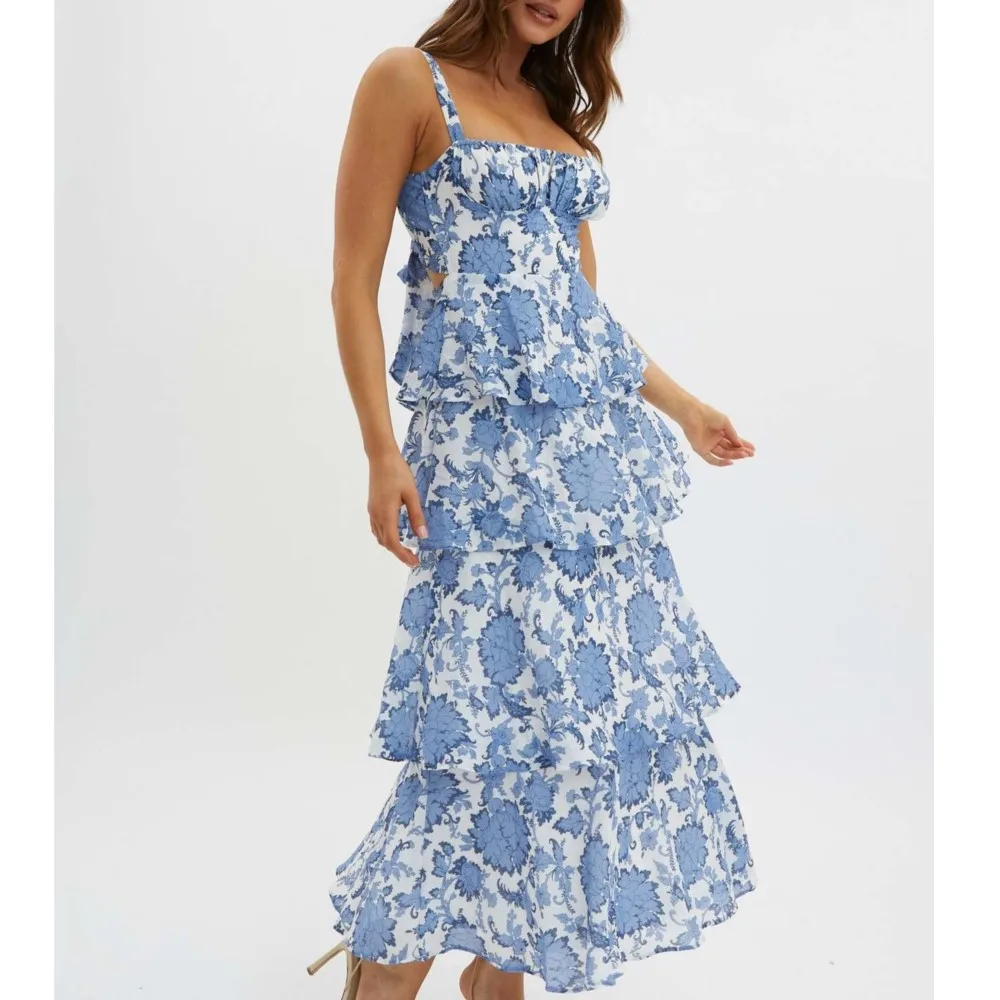 

Elegant Suspender Dress Loose Fashion Print Holiday Summer Women's New Sleeveless Square Neck Suspender High Waist Long Dress