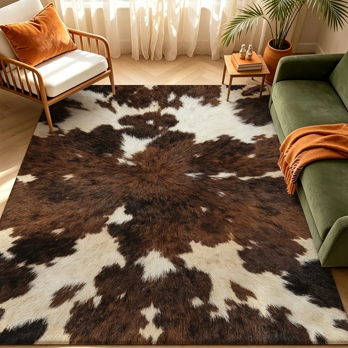 1pc 2D Printed Abstract Farmhouse Area Rug, Soft & Washable, Non-shedding, Brown & White, for Living Room, Bedroom