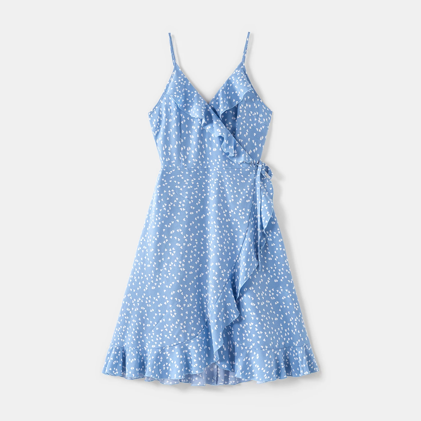 PatPat All Over Dots Print Blue Sleeveless Spaghetti Strap V Neck Ruffle Wrap Dress for Mom and Me