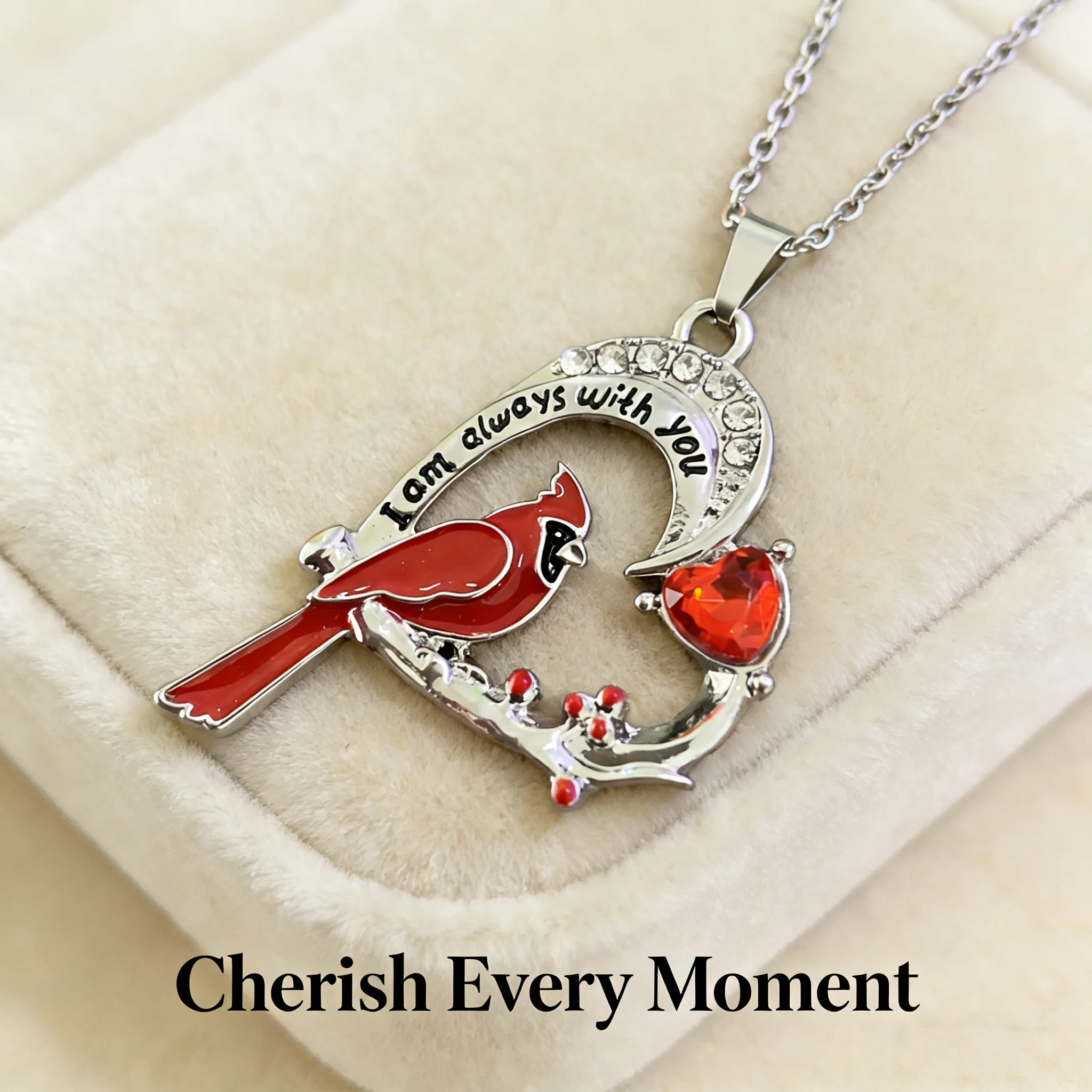 North American Cardinals Heart Pendant Necklace Zinc Alloy Memorial Jewelry for Women Sympathy Birthday Holiday Gift
