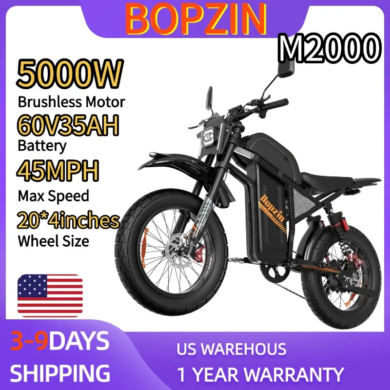 

BOPZIN M2000 Electric Bicycle 5000W 60V 35AH 45 MPH 20" Fat Tires Electric-Motorcycle Hydraulic Brakes Full Suspension UL2849