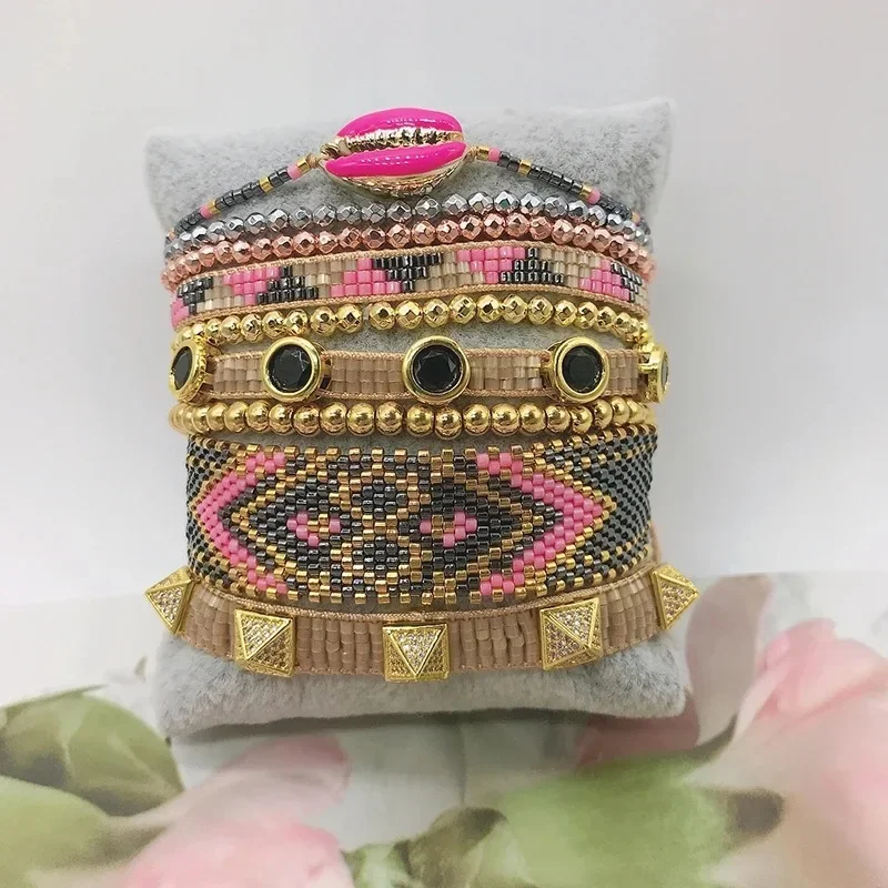 Beaded bracelet Originality Geometry Bohemia Hand knitting Adjustable Female Sea shell Tide Simple Rice bead bracelet set