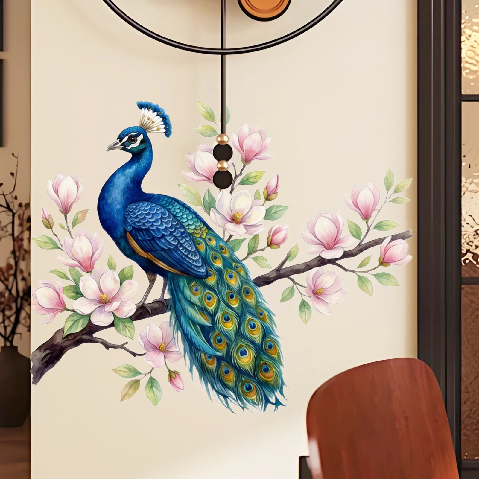 Floral Peacock Wall Sticker, Watercolor Peacock with Pink Magnolia Flowers Vinyl Wall Decal for Home Decor
