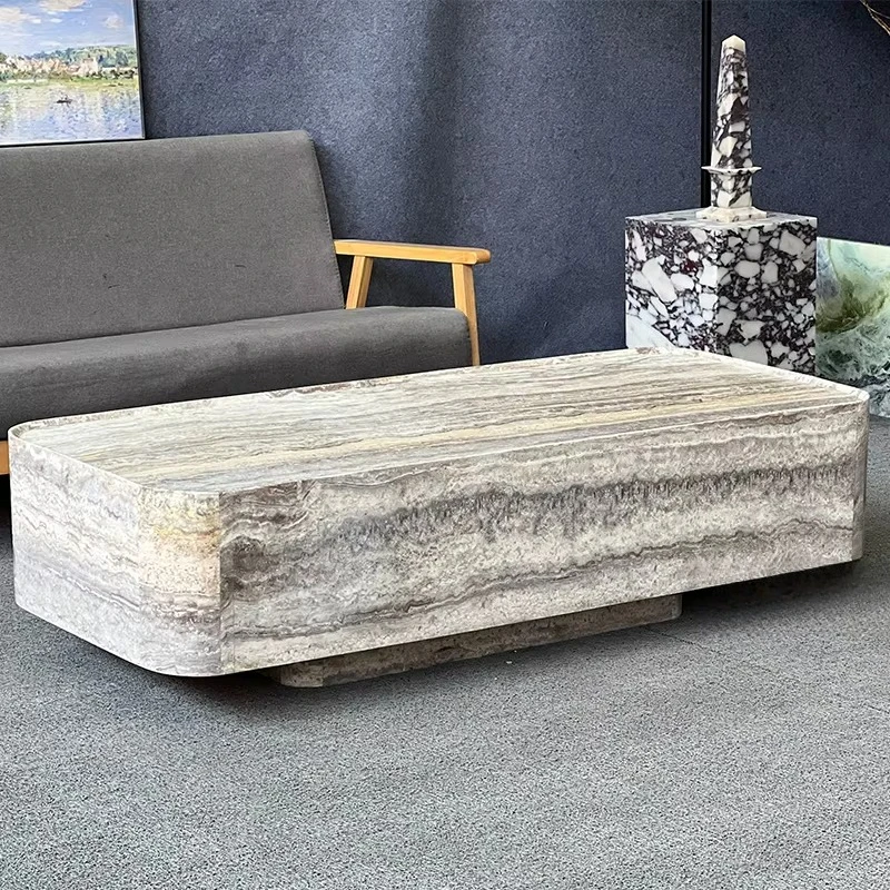 Wabi-sabl Style Large Modern Rectangular Sliver Grey Travertine for Livingroom Villa Hotel Decor Coffee Table Low Plinth