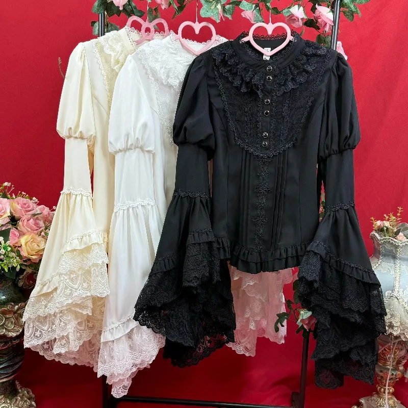 Elegant Lolita Blouse, Vintage Long Bell Sleeve Stand Ruffled Neck Women Shirt, Victorian Aesthetic Classic Gothic Cosplay Top