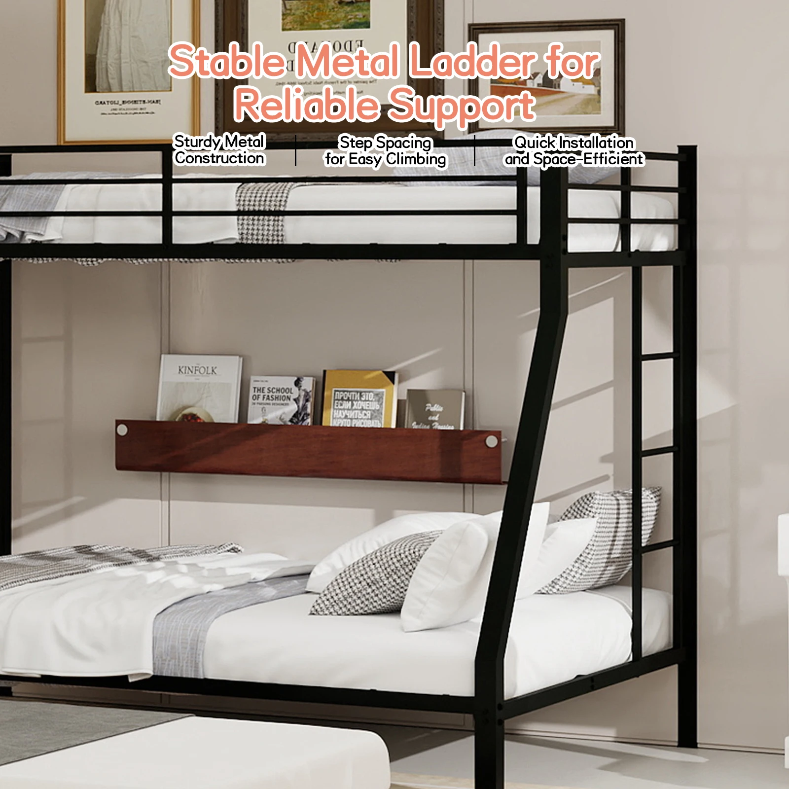 Heavy Duty Metal Twin XL Over Queen Bunk Bed with Trundle, Space Saving Triple Bunkbed Frame with Guardrails & Ladder, 400 LBS Capacity, Black view 6