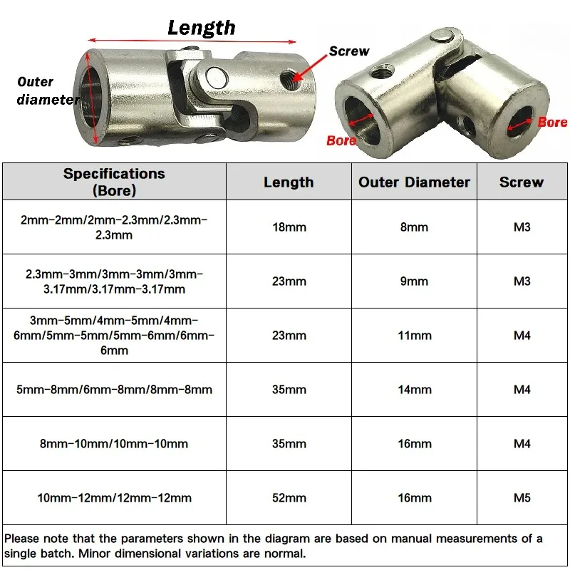 2/2.3/3/3.17/4/5/6/8/10/12mm Motor Shaft Gimbal Connector Universal Joint Coupling RC Boat Car Shaft Coupler Metal Cardan Joint