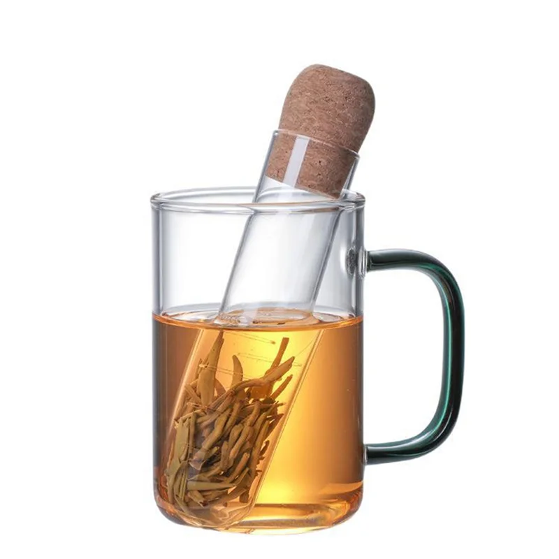 -PQWN 4 Buah Saringan untuk Teh Daun Panjang Kaca Transparan dengan Gabus Filter Teh Longgar Lebih Curam untuk Cangkir