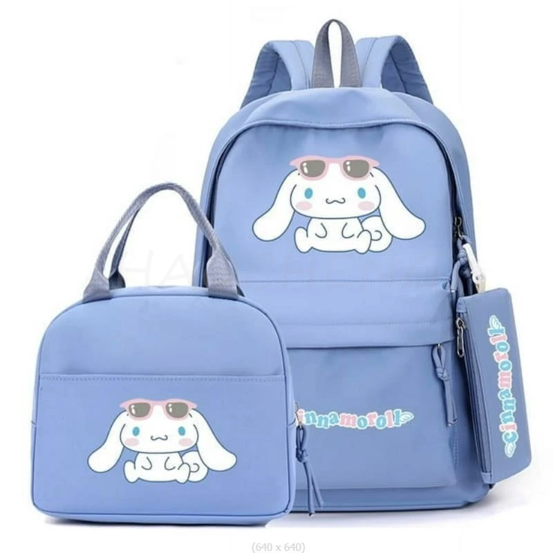 Sac à dos Cinnamoroll pour adolescentes, cartable de retour à l'école, sac à lunch Anime, trousse à crayons, sac à dos de loisirs pour femmes, ensemble de 3 pièces