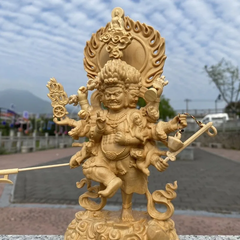 Intricately Carved Cypress Wood Vajrapani Shrine—Decorative Ornament for The Living Room