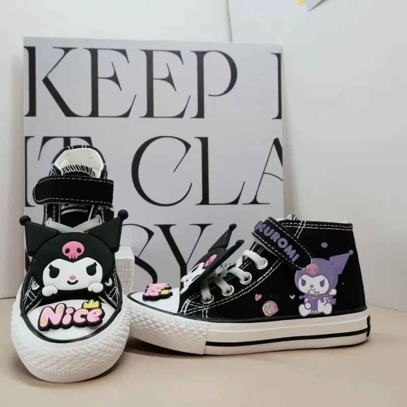 Sanrio Pupil Boys and Girls Black Kuromi Printed Canvas Shoes High Top Spring and Autumn New Kids Melody Canvas Shoes Kids Shoes