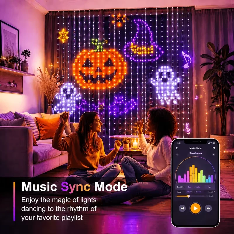 Halloween Smart Curtain Light APP Controls LED Color Changing String Lights Music Synchronization Suitable For Party Background