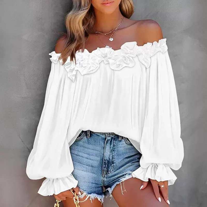 Sweet Ruffled One-shoulder Top for Women Fashion Office Lady Loose White Womens Shirt Summer Long Sleeve Tops Blouses 2024 New