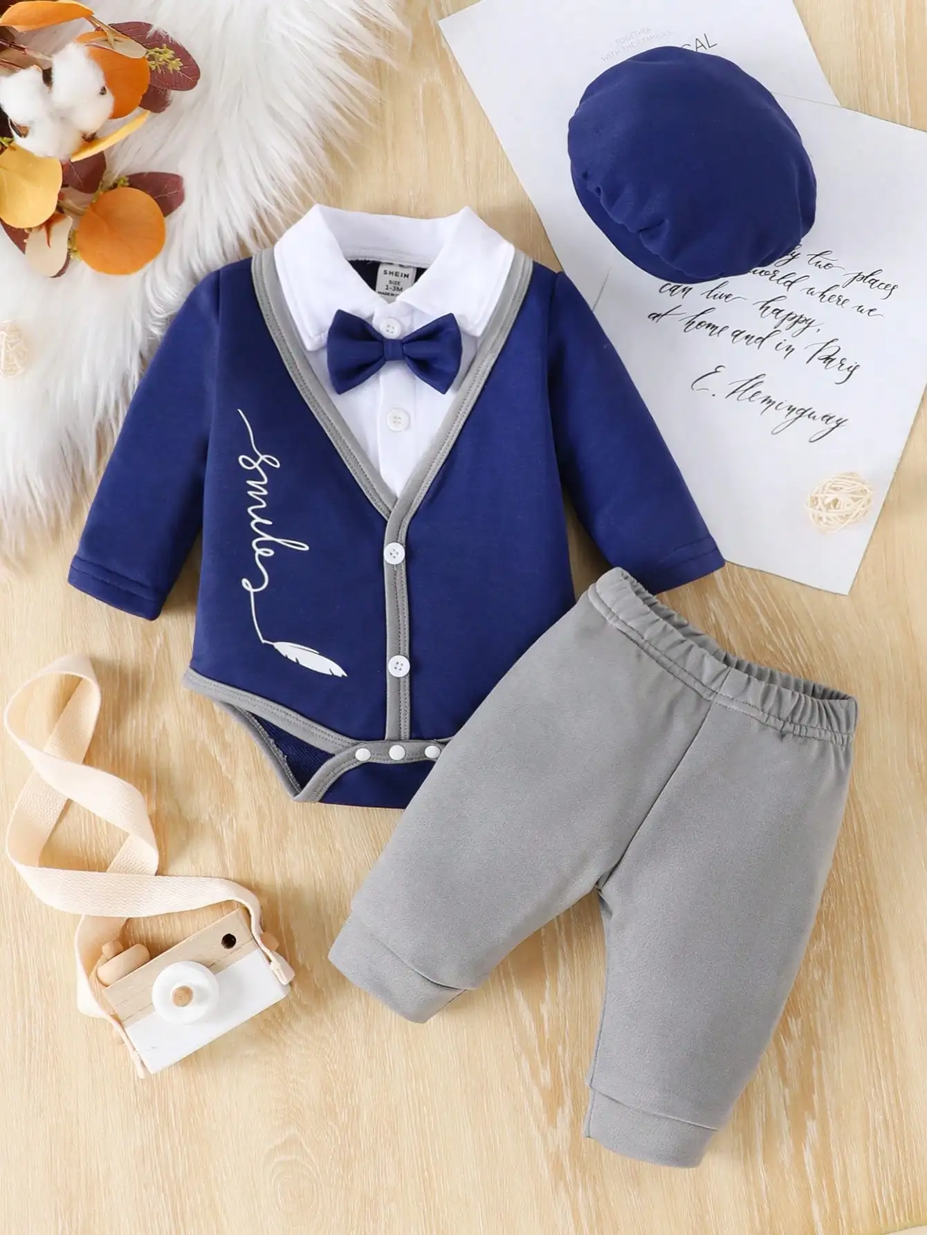 

Spring And Autumn Newborn Baby Gentleman's Suit Set New Fashionable Style Bow Tie Top + Long Pants + Hat 3-Piece Set