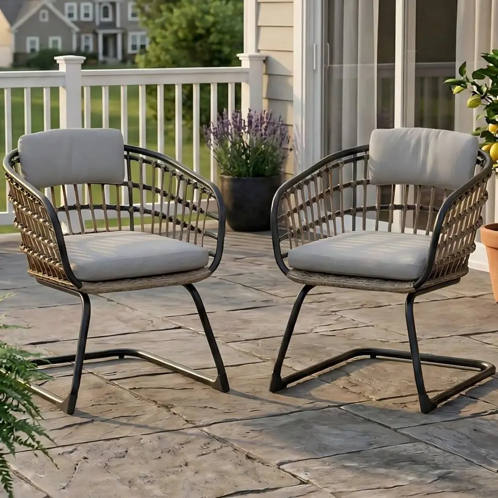 

2-Piece Outdoor Wicker Spring Motion Chairs with Cushions and Pillows, All-Weather Patio Set for Backyard, Deck, or Balcony