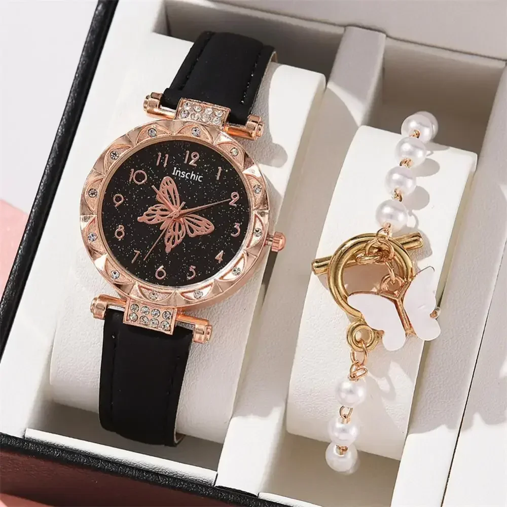 1/2 Uds. Conjunto de reloj de pulsera de cuarzo para mujer, relojes de cuarzo con perlas de diamantes de imitación de cristal de lujo, relojes de mariposa, conjunto de pulsera sin caja