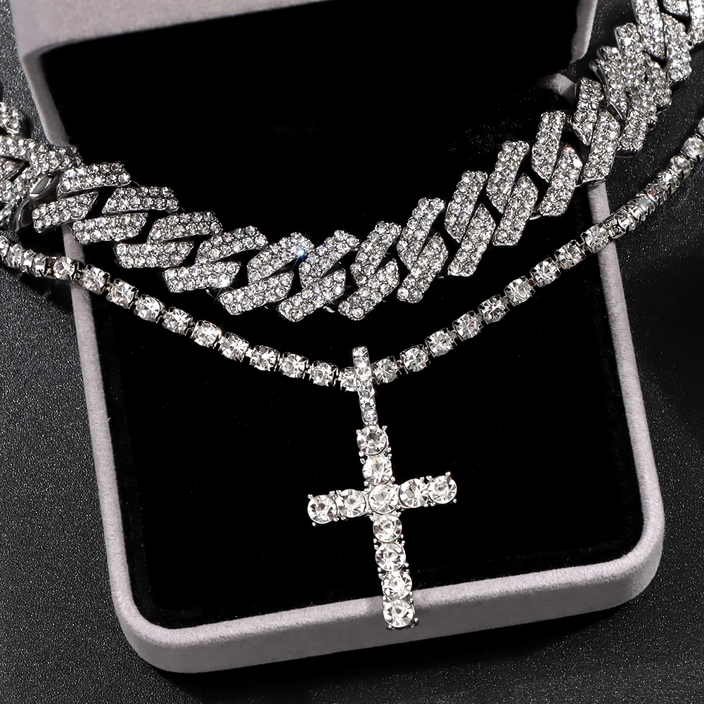 2Pcs Golden Cross Necklace Prong Cuban Link Chain for Women Men Iced Out Full Rhinestone 14MM Hiphop Cuban Necklace Set Jewelry