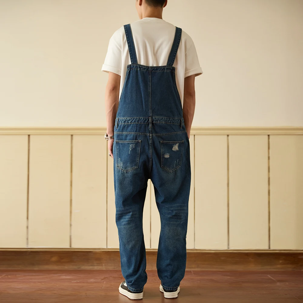 الرجال ممزق الدينيم مريلة وزرة ثقوب عادية المتعثرة الأزرق دنغري جيوب البضائع الجينز ملابس العمل المآزر