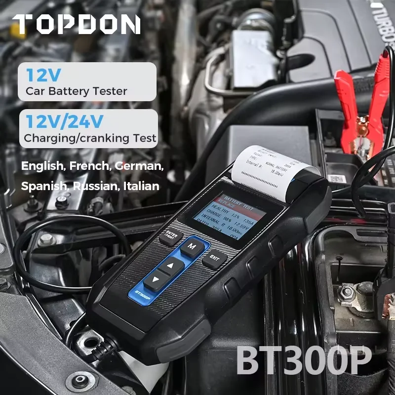 

Тестер автомобильных аккумуляторов TOPDON 12В с принтером, анализатор зарядки и пусковых характеристик, тест нагрузки аккумулятора для мотоциклов BT300P