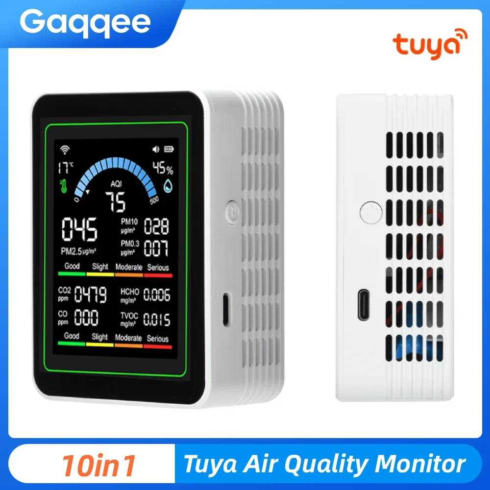 Tuya WiFi Monitor de calidad del aire hogar inteligente dióxido de carbono PM0.3 PM2.5 Sensor de CO2 TVOC HCHO Detector probador de temperatura y humedad