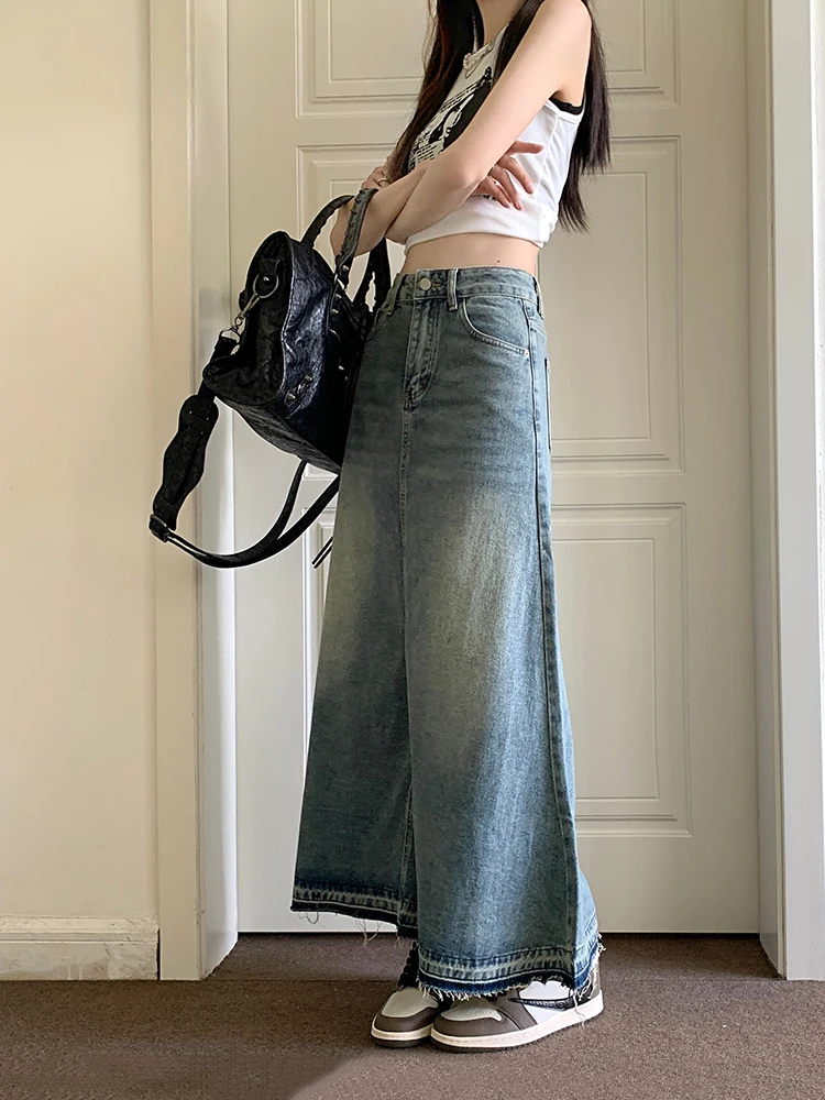 REDDACHiC Y2k Raw Edge Stitch Maxi Denim Skirt Plain Casual High Waist Long Jeans Skirt Korean Dongdaemun Retro Women Streetwear