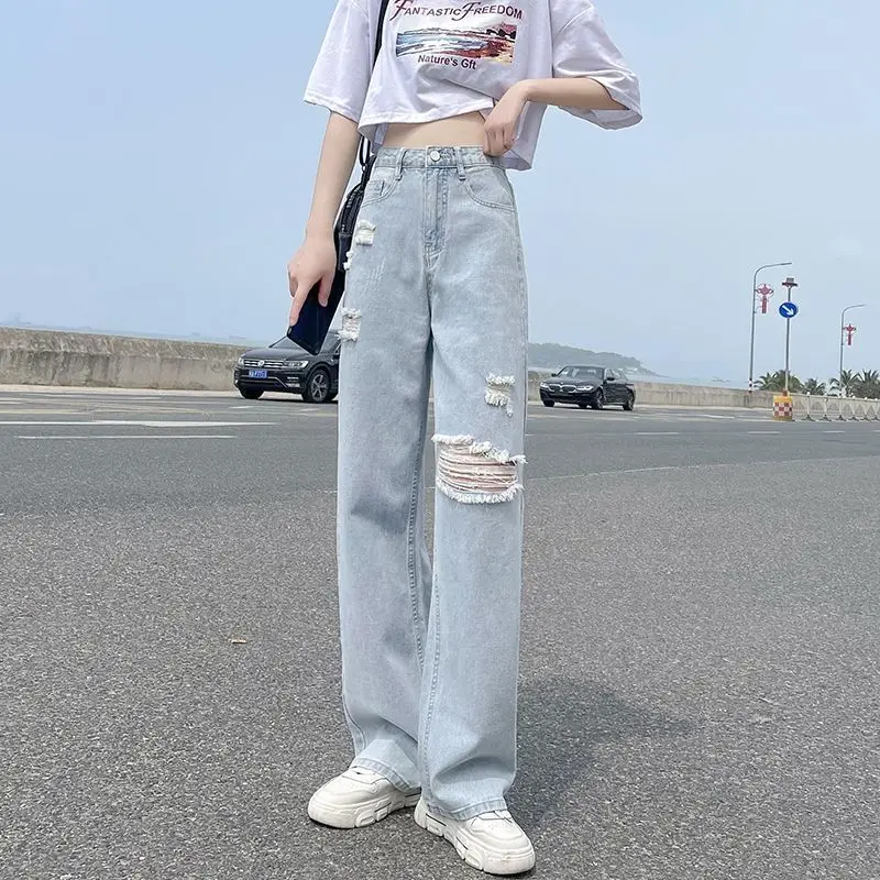 Distressed Jeans for Women\'s 2024 Spring/summer Korean Version New High Waisted Slimming Straight Leg Loose Leg Pants