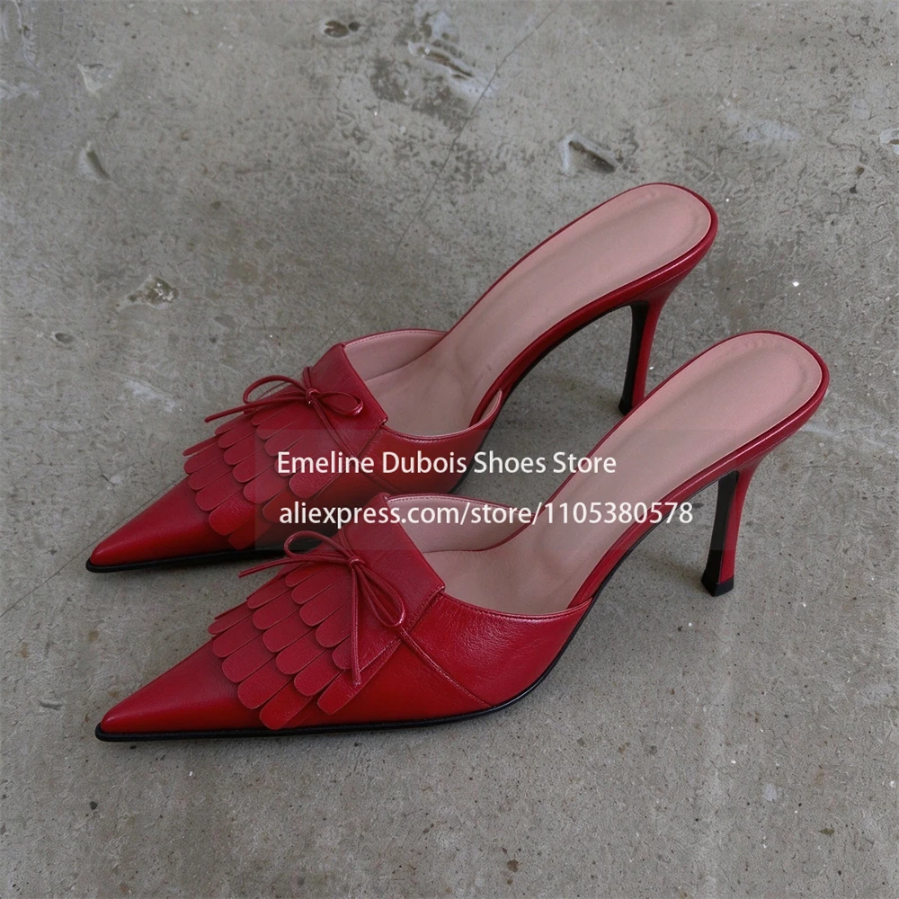 Leather Fringe Mules Bow Pointed Toe Stiletto Mules Slip on High Heel Pumps Sexy Elegant Party Nightclub Banquet Dress Summer