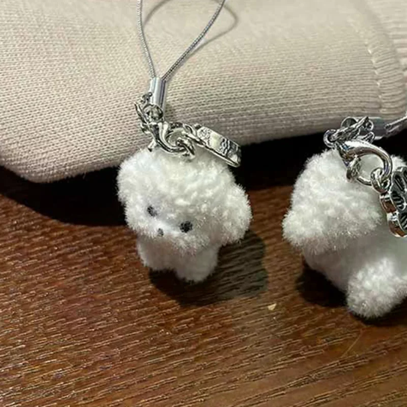 1개 플로킹 레진 강아지 키체인 3D 작은 플러시 동물 펜던트 백팩 자동차 키링 장식품