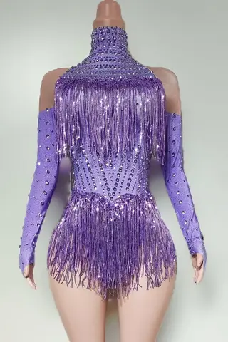 Latiao Women Purple Glitter Tassel Fringe Rave Dance Short Bodysuit Birthday Party Showgirl Outfit Night Club Leotard