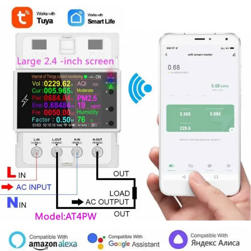 

Tuya Wifi AT4PW 100A Din Rail Smart Switch Remote Control AC 220V 110V Digital Energy Kwh Frequency Factor Metering