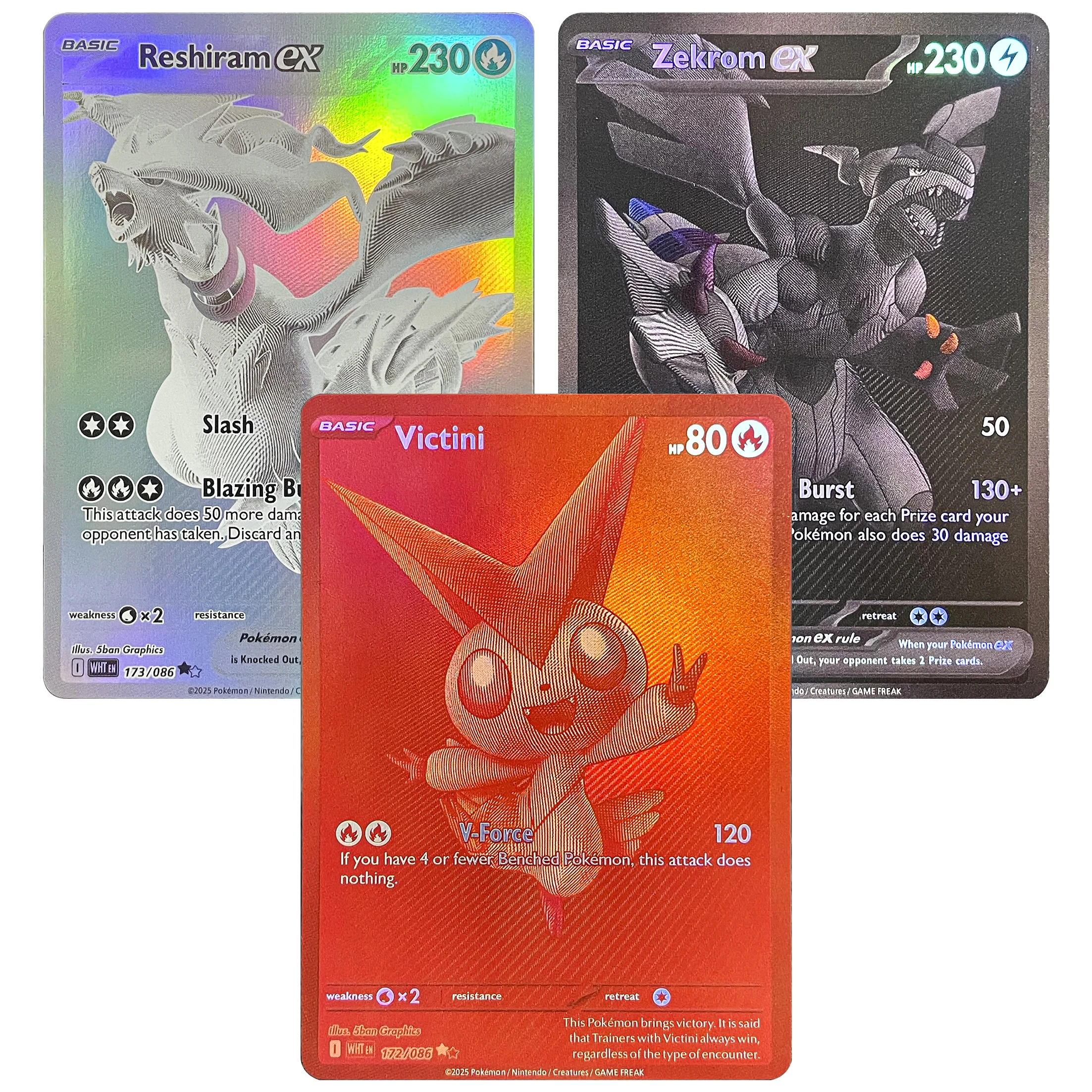 

Карты PKM Vstar/Ex Голографическая карта Victini Black White Rare (BWR) — White Flare Zekrom Reshiram English Pokemon Proxy Card