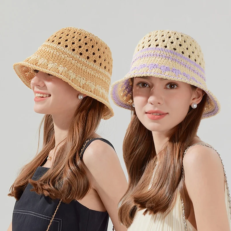 

Korean fashion bucket hat casual all-matching face small basin hat summer knitted hollow breathable sunscreen fisherman hat