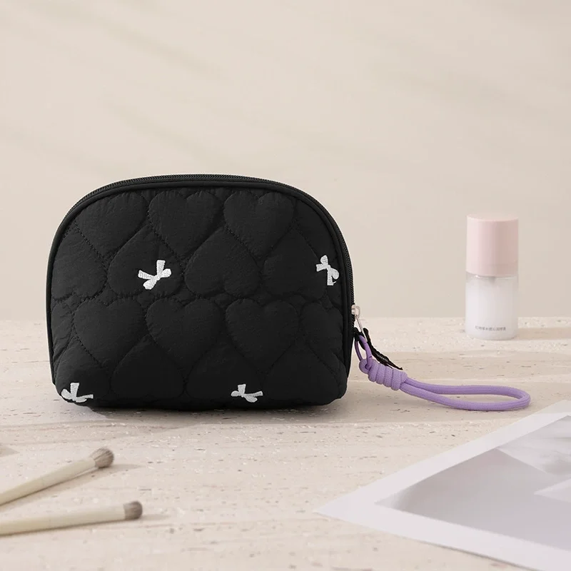 Heart Quilted Half-Moon Cosmetic Bag for Women, Soft Padded Makeup Organizer Pouch, Small Clutch Handheld Storage view 5