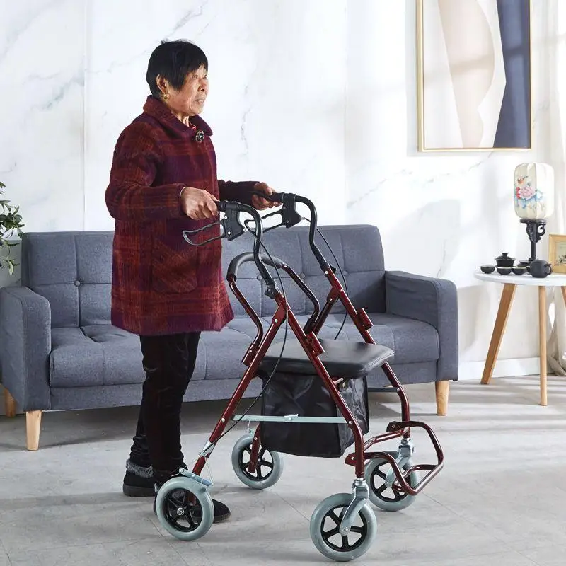 Double Hand Brake Elderly Walker with Wheels Foldable Shopping Cart Trolley Rehabilitation Mobility Aids Walking Stick Can Seat