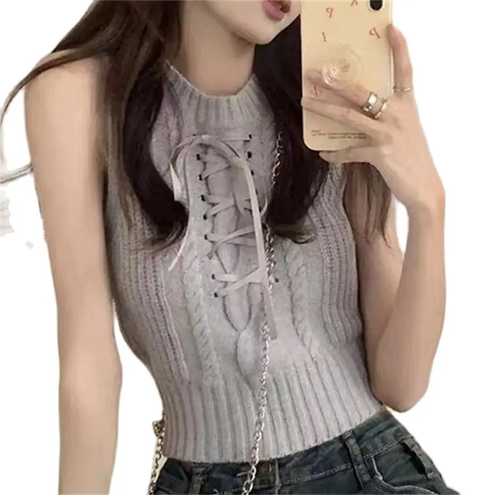 

2025 корейский милый вязаный жилет, женская летняя рубашка, топ, сексуальный модный короткий топ без рукавов на шнуровке, новые базовые топы во французском стиле