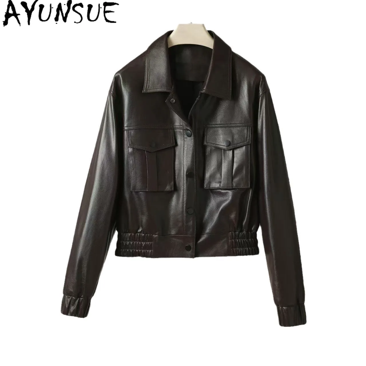 AYUNSUE オイルワックス本革ジャケットの女性 2025 黒シープスキンバイクジャケット春秋服半野菜なめし