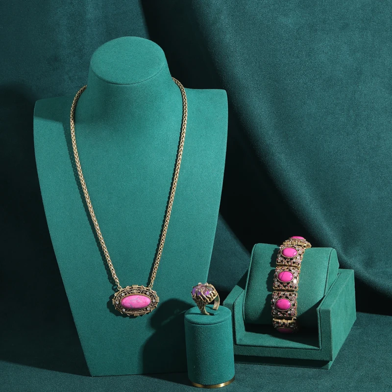 

Vintage Rose Pink Jewelry Sets Oval Pendent Glass Necklace Opal Flower Stud Earring Natural Stone Bracelet Quality Charms Luxury