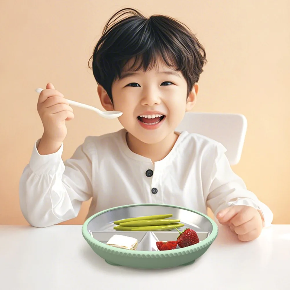 

Divided Design Silicone Suction Cup Plates 304 Stainless Steel Detachable Children 3 Grids Dishes Anti-fall Non-Slip
