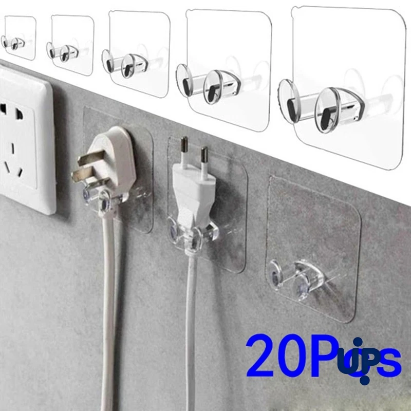 20 pçs gancho suporte de tomada de alimentação arrumado pendurado rack pvc gancho de parede forte adesão sem costura transparente à prova dwaterproof água cozinha banho