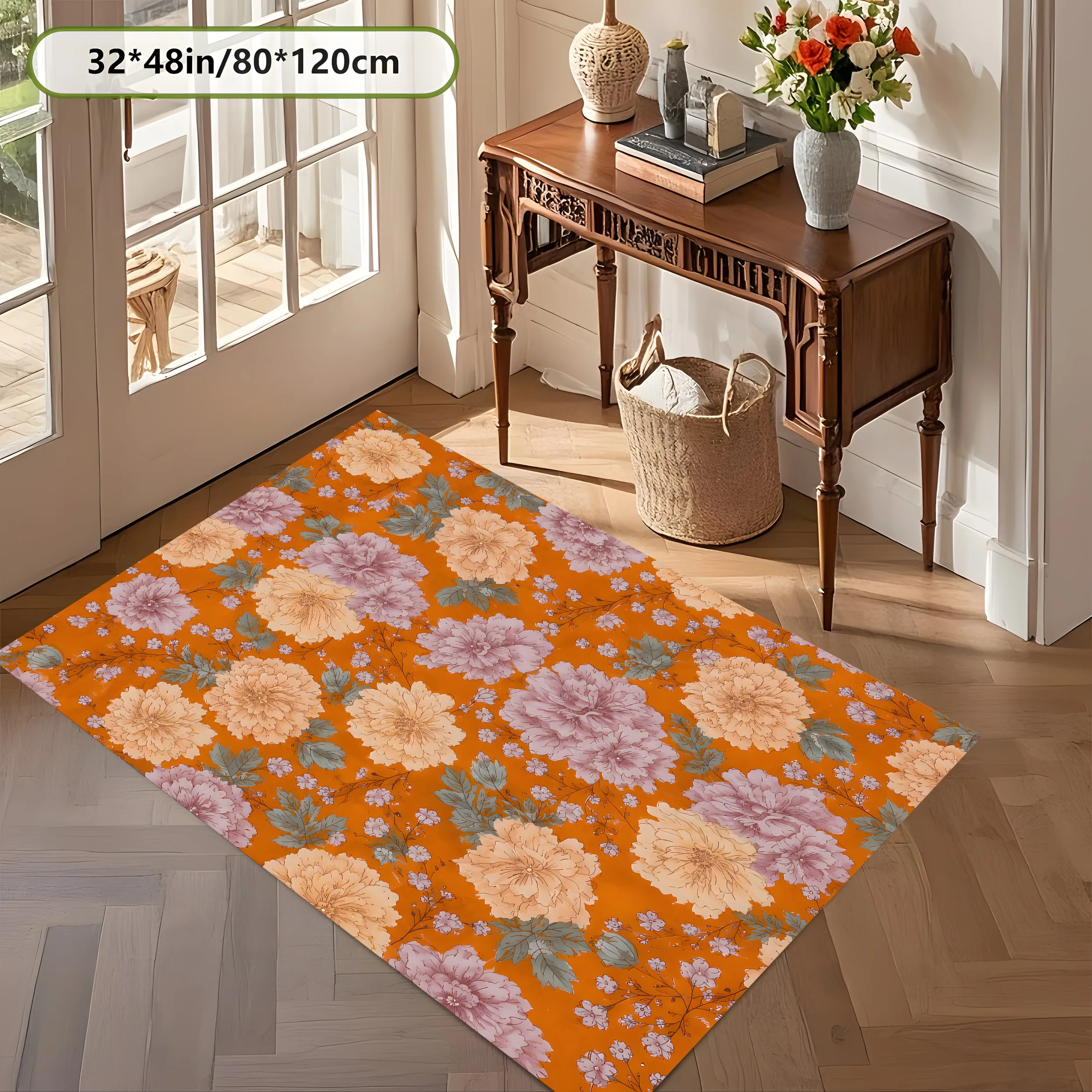 Retro Warm Orange Large Floral Print Velvet Rug, Pink Creamy Tones Soft Skin-Friendly for Living Room Bedroom Home Decor