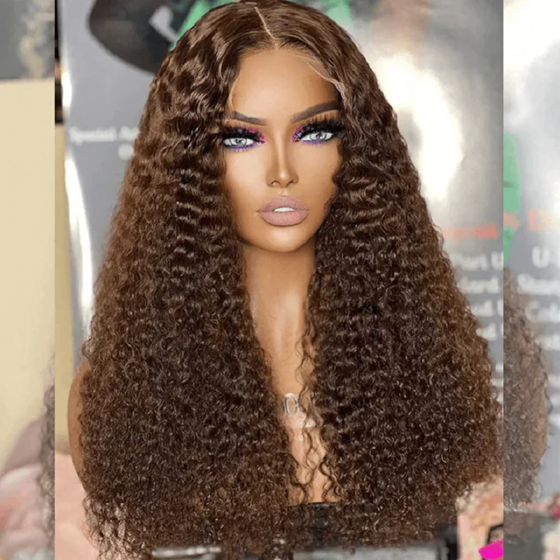 Perruque Lace Front Wig crépue bouclée pour femme, cheveux doux, sans colle, brun foncé, 26 "de long, densité 180, baby hair, préplumée, degré de chaleur, 03/3