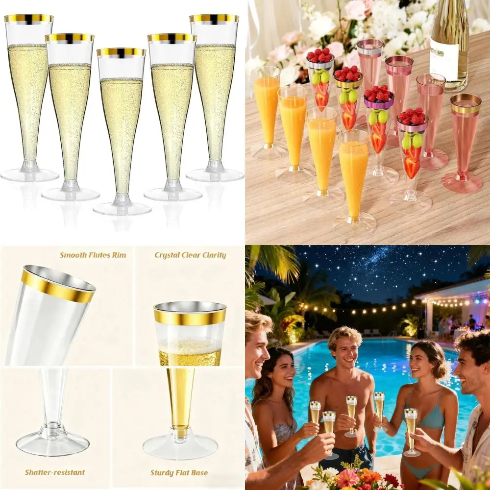 

Set of 200 Disposable Champagne Flutes with Gold Rims for Wedding, Birthday, and Holiday Parties