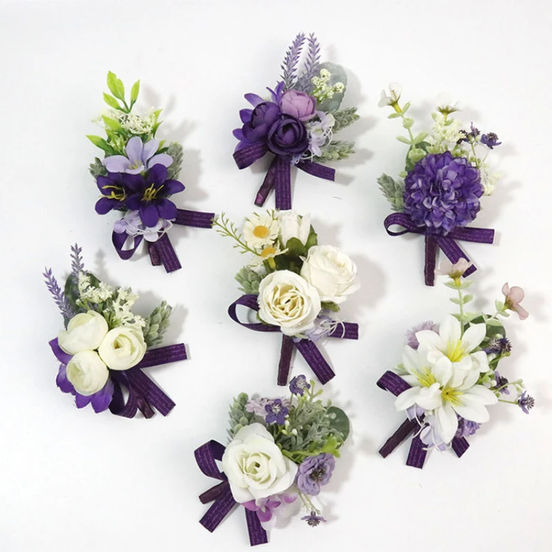 White Purple Men Wrist Corsage Wedding Boutonnieres Bride Wedding Wrist Corsage Bracelet Groom Ceremony Flower Party Decor