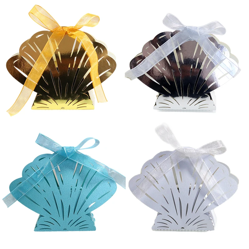 50/100pcs Laser Cut Shell Candy Boxes Carriage Wedding Favors Gift Box With Ribbon Baby Shower Wedding Birthday Party Decoration