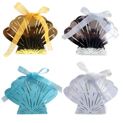 50/100pcs Laser Cut Shell Candy Boxes Carriage Wedding Favors Gift Box With Ribbon Baby Shower Wedding Birthday Party Decoration