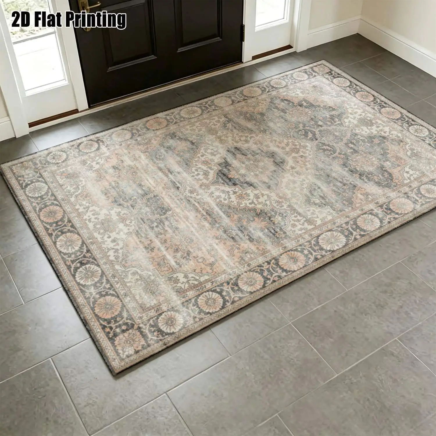 1Pc 2D Printed Gray-Blue Retro Scrolling Flower Carpet: European-Style, Home Decor, Multi-Size, Machine Washable, for Entrance/Dining/Foyer/Study/Living/Bedroom
