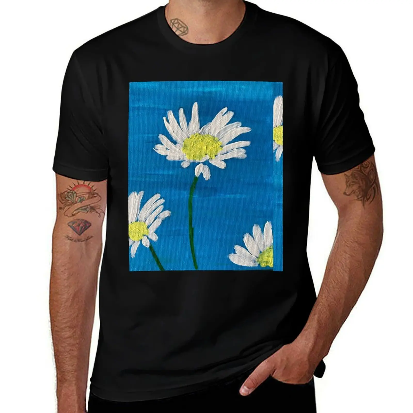 White daisies on blue T-Shirt shirts graphic designer shirts quick drying mens designer clothes